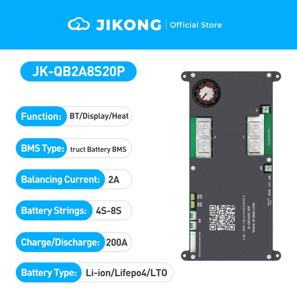 JIKONG JK-QB2A8S20P – 2A Balancer 200A BMS for 4-8S Truck Batteries