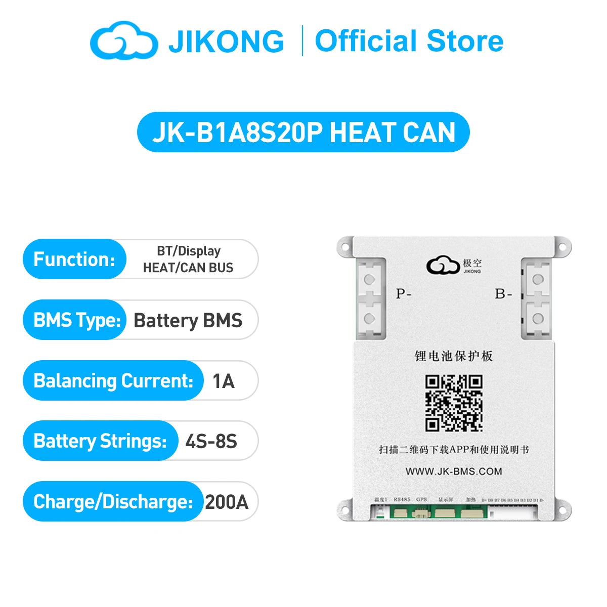 JIKONG BMS JK-B1A8S20P 4S 5S 6S 7S 8S 12V 24V Active Smart Balance BMS 200A Lifepo4 Li-Ion Lto Battery Active Balancer 1A