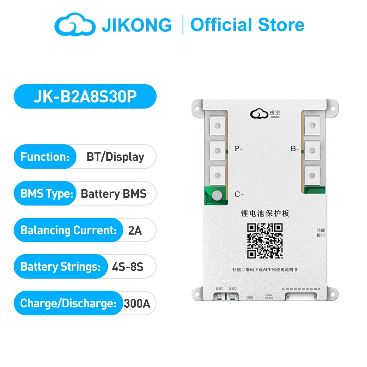 JK-B2A8S30P Smart Active Balance BMS, 2A Balancing Current for 4S-8S LiFePO4 Battery