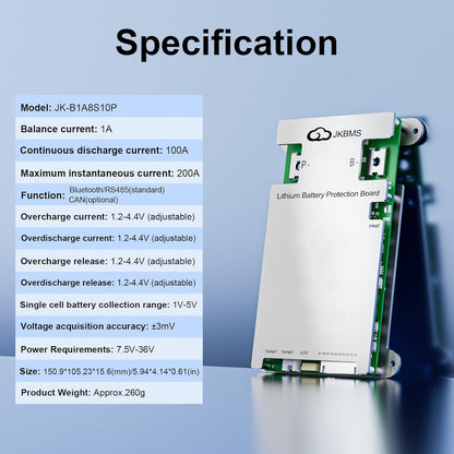 JKBMS Smart BMS 4S-8S 100A 1A Active Balance Integrado Bluetooth con CAN RS485 PCB Placa de Protección de Batería para Paquete de Batería LiFePO4 Li-ion LTO (JK-B1A8S10P)