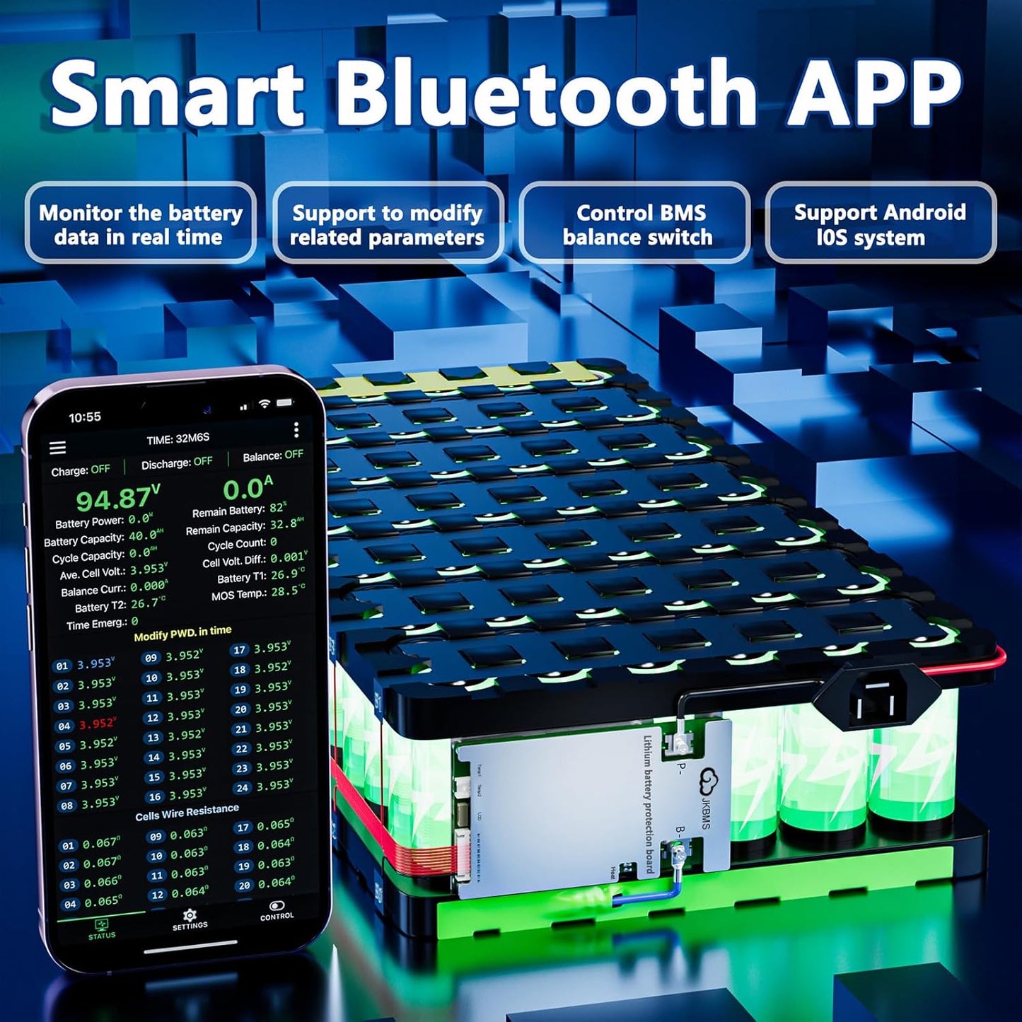 JKBMS Smart BMS 4S-8S 100A 1A Active Balance Integrado Bluetooth con CAN RS485 PCB Placa de Protección de Batería para Paquete de Batería LiFePO4 Li-ion LTO (JK-B1A8S10P)