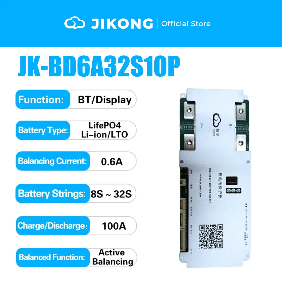 JIKONG JK-BD6A32S10P – 0.6A Balancer 100A BMS for 32S LiFePO4