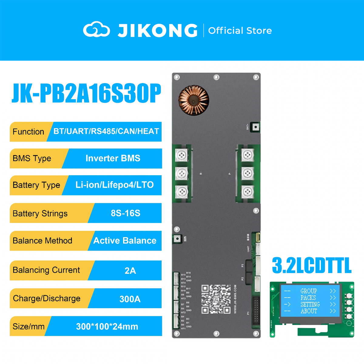 JIKONG 8S-16S 300A Household Energy Inverter BMS with 3.2/4.3/7.0 Inch LCD Display