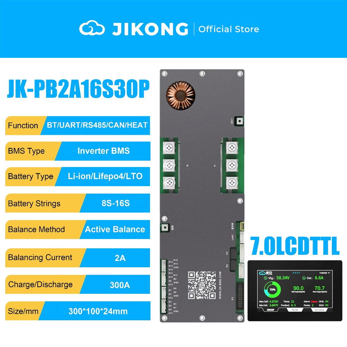 JIKONG 8S-16S 300A Household Energy Inverter BMS with 3.2/4.3/7.0 Inch LCD Display