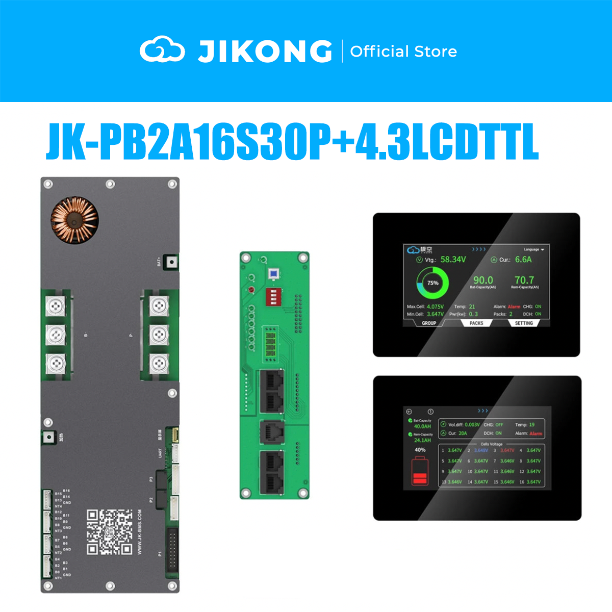 JIKONG 8S-16S 100A-300A Household Energy Inverter BMS with 4.3 Inch LCD Display