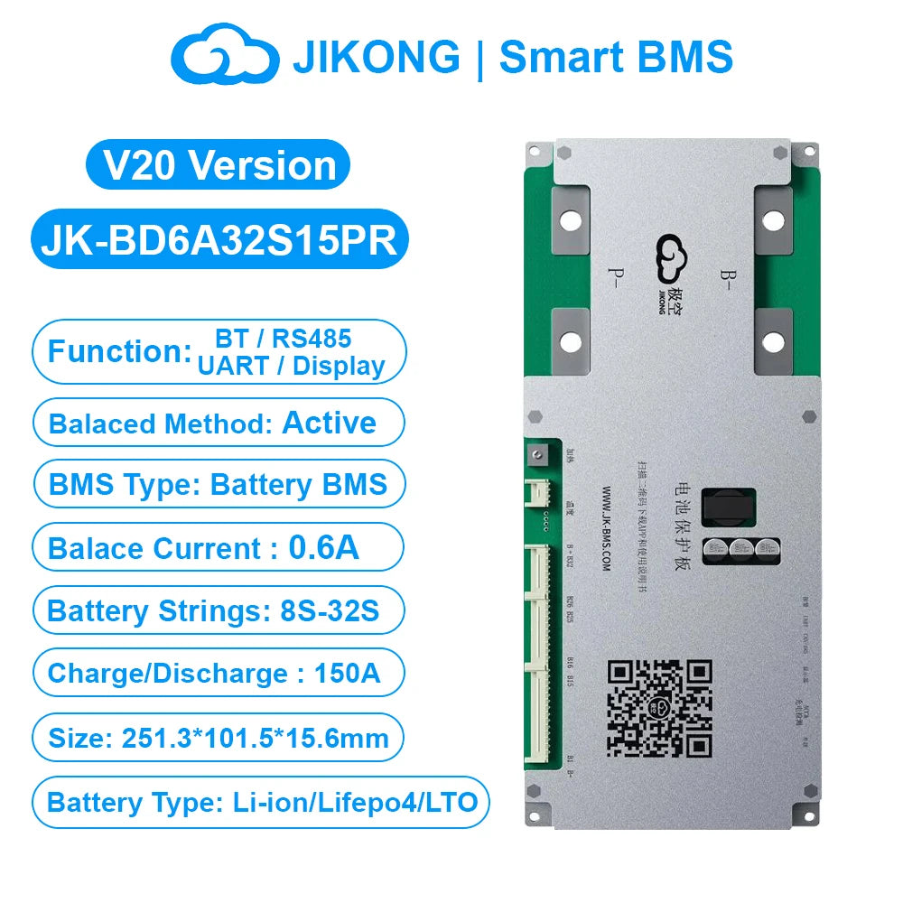 JK BMS BD6A32S15P-HCR V20 Smart BMS 8S-32S BT RS485 HEAT CAN 0.6A Active Balance BMS for LiFePo4 Li-ion Lto Battery 100A 150A