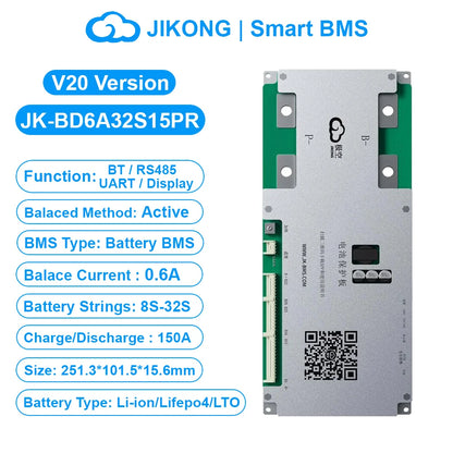 JK BMS BD6A32S15P-HCR V20 Smart BMS 8S-32S BT RS485 HEAT CAN 0.6A Active Balance BMS for LiFePo4 Li-ion Lto Battery 100A 150A