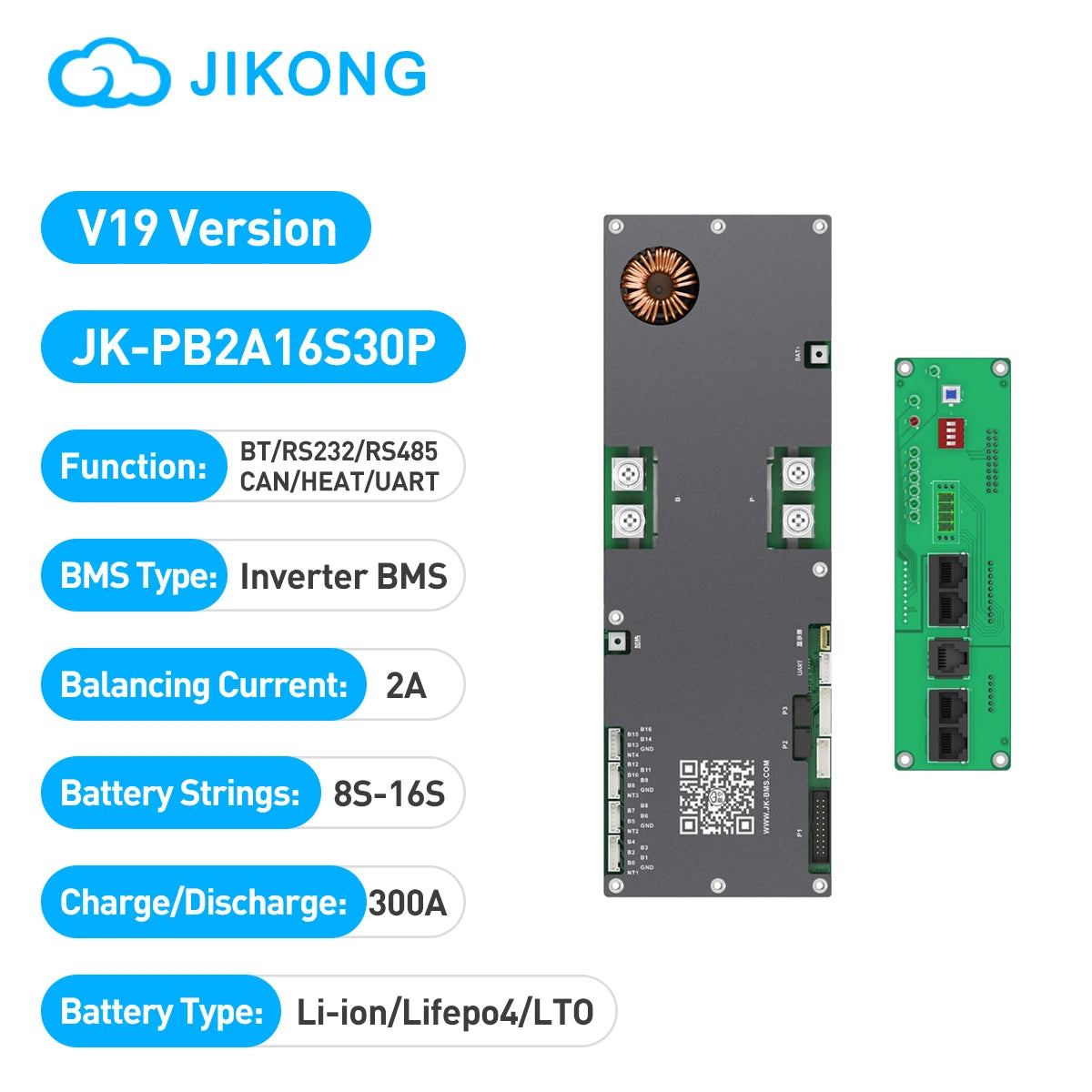 JIKONG JK-PB2A16S30P V19 Smart BMS 8S-16S 300A Li-ion/ Lifepo4/ LTO Battery Household Energy Inverter BMS Active Balancer 2A
