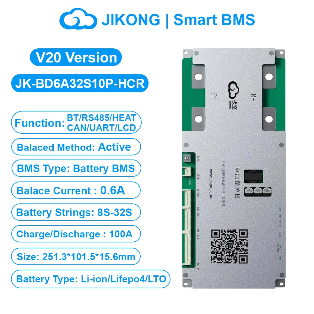 JK BMS BD6A32S15P-HCR V20 Smart BMS 8S-32S BT RS485 HEAT CAN 0.6A Active Balance BMS for LiFePo4 Li-ion Lto Battery 100A 150A