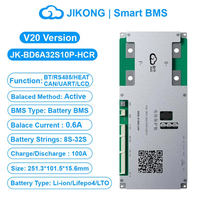 JK BMS BD6A32S15P-HCR V20 Smart BMS 8S-32S BT RS485 HEAT CAN 0.6A Active Balance BMS for LiFePo4 Li-ion Lto Battery 100A 150A