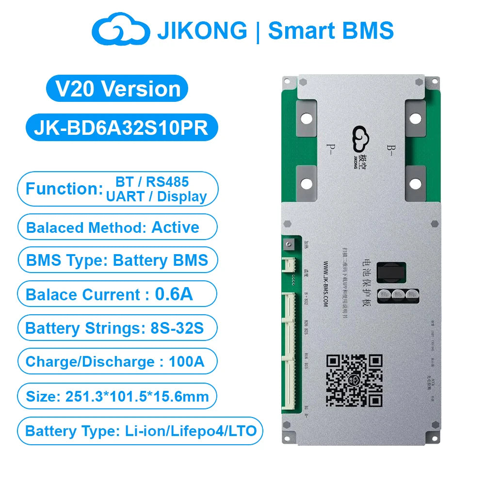 JK BMS BD6A32S15P-HCR V20 Smart BMS 8S-32S BT RS485 HEAT CAN 0.6A Active Balance BMS for LiFePo4 Li-ion Lto Battery 100A 150A