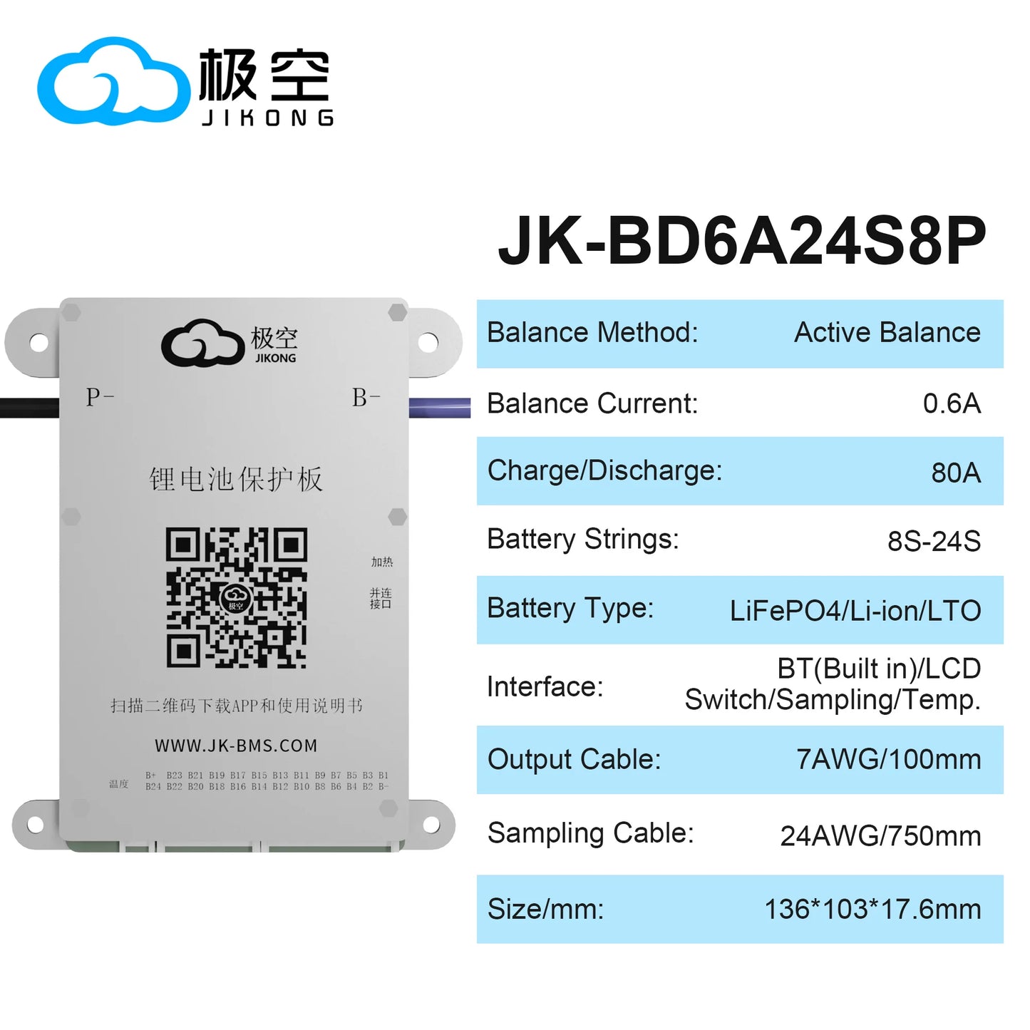 JIKONG JK BMS Active BMS 4S 5S 6S 7S 8S 17S 20S 24S 12V 24V 48V 40A 60A 100A 150A 200A 300A Lifepo4 Li-Ion Lto Battery Smart BMS
