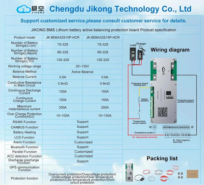 JK BMS BD6A32S15P-HCR V20 Smart BMS 8S-32S BT RS485 HEAT CAN 0.6A Active Balance BMS for LiFePo4 Li-ion Lto Battery 100A 150A