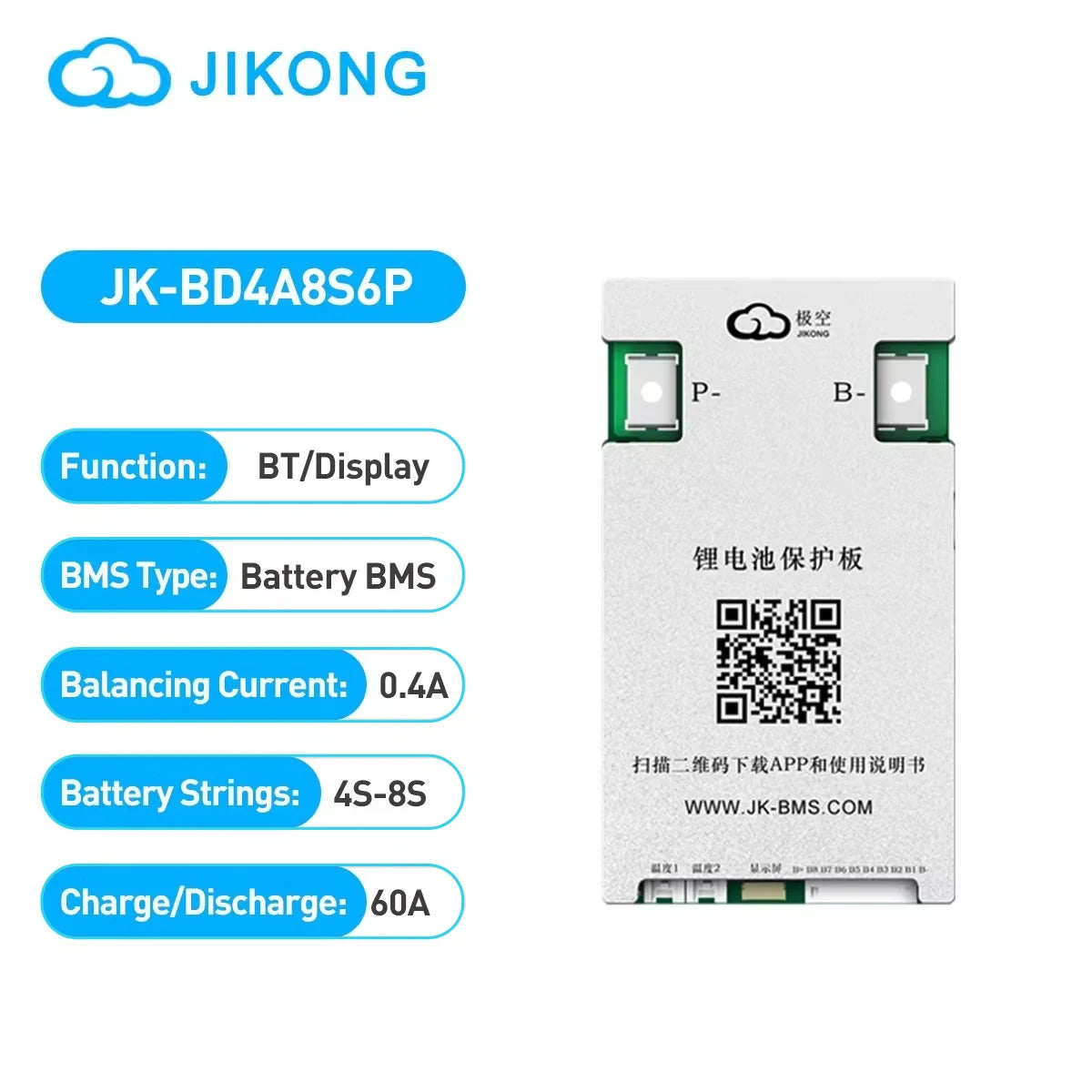 JIKONG BMS JK-BD4A8S4P JK-BD4A8S6P 4S 5S 6S 7S 8S 24V 48V 40A 60A Li-Ion LiFePo4 LTO Active Balance  Smart BMS Current 400mA