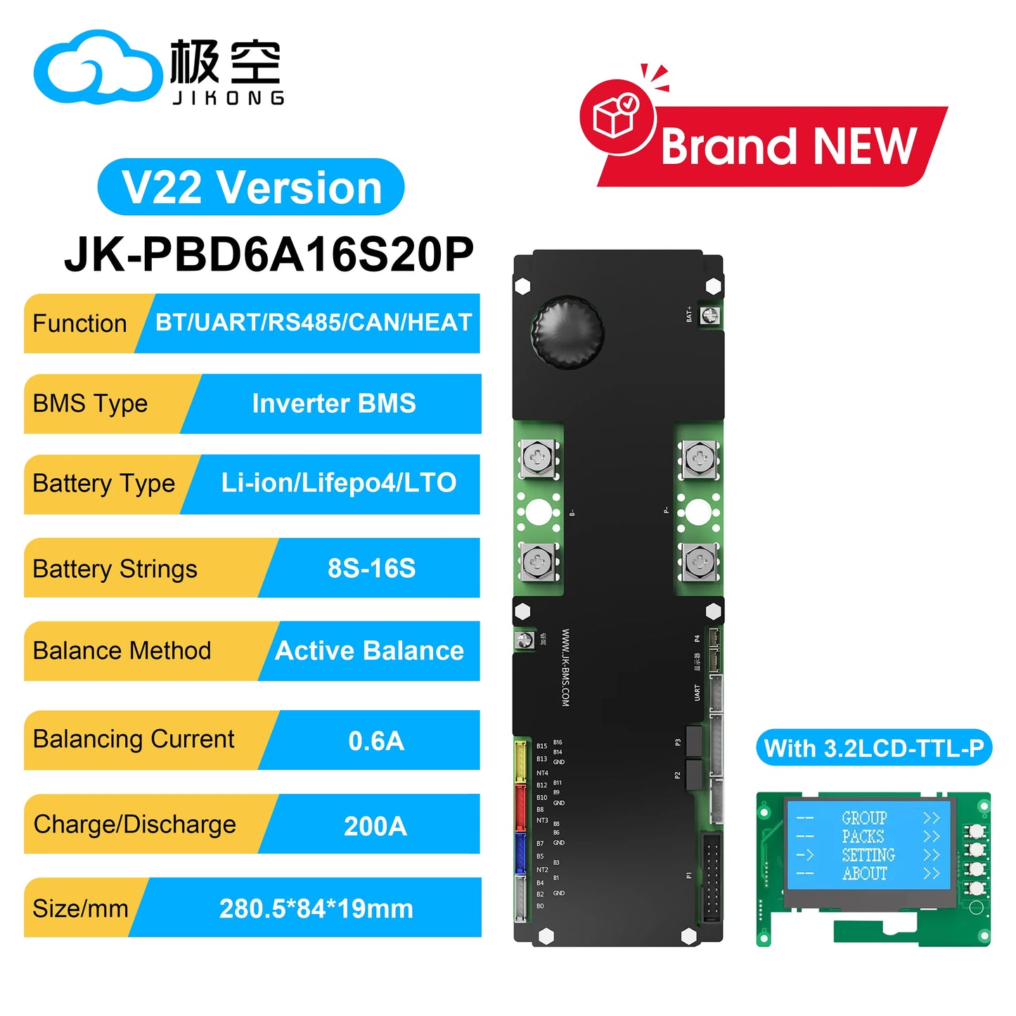 JIKONG 8S-16S 200A Household Energy Inverter BMS with 3.2/4.3/7.0 Inch LCD Display