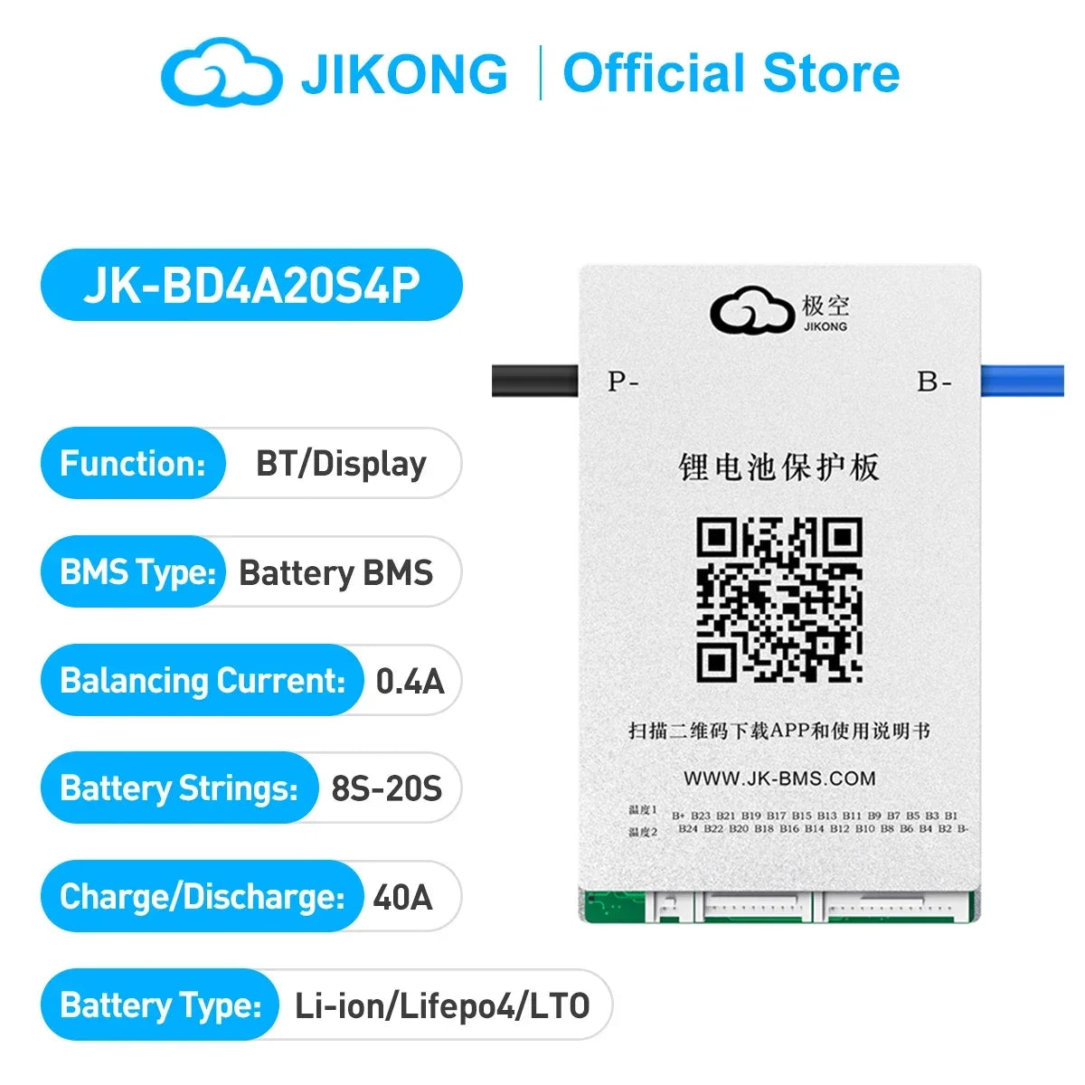 JIKONG Smart BMS JK-BD4A17S4P JK-BD4A20S4P JK-BD4A24S4P 8S/24S 40A Li-Ion LiFePo4 LTO BMS 18650 Batteries BMS UPS