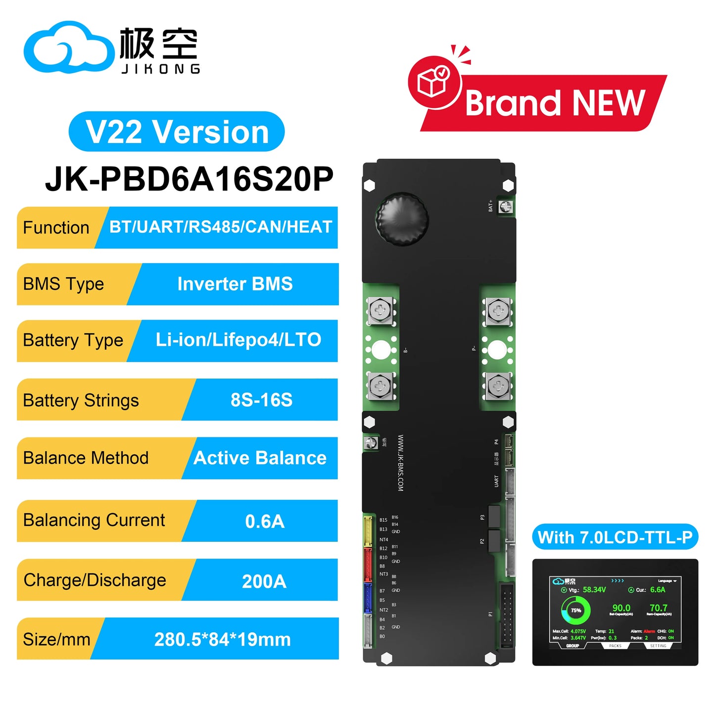 JIKONG 8S-16S 200A Household Energy Inverter BMS with 3.2/4.3/7.0 Inch LCD Display