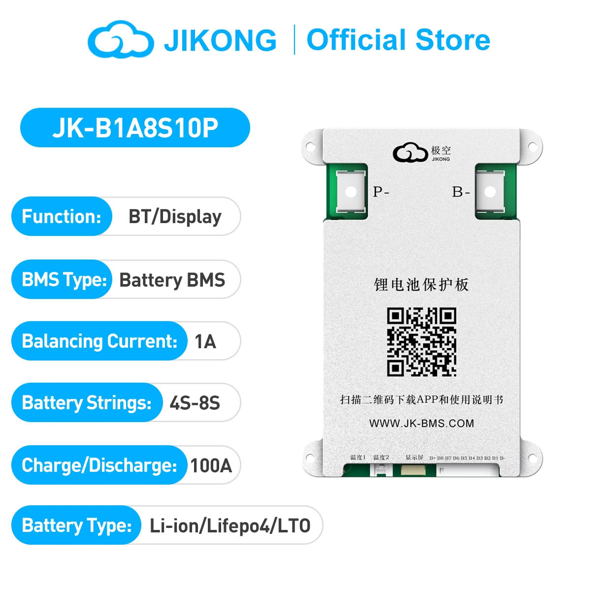JK-B1A8S10P Smart Active Balance BMS, 1A Balancing Current for 4S-8S Battery Packs