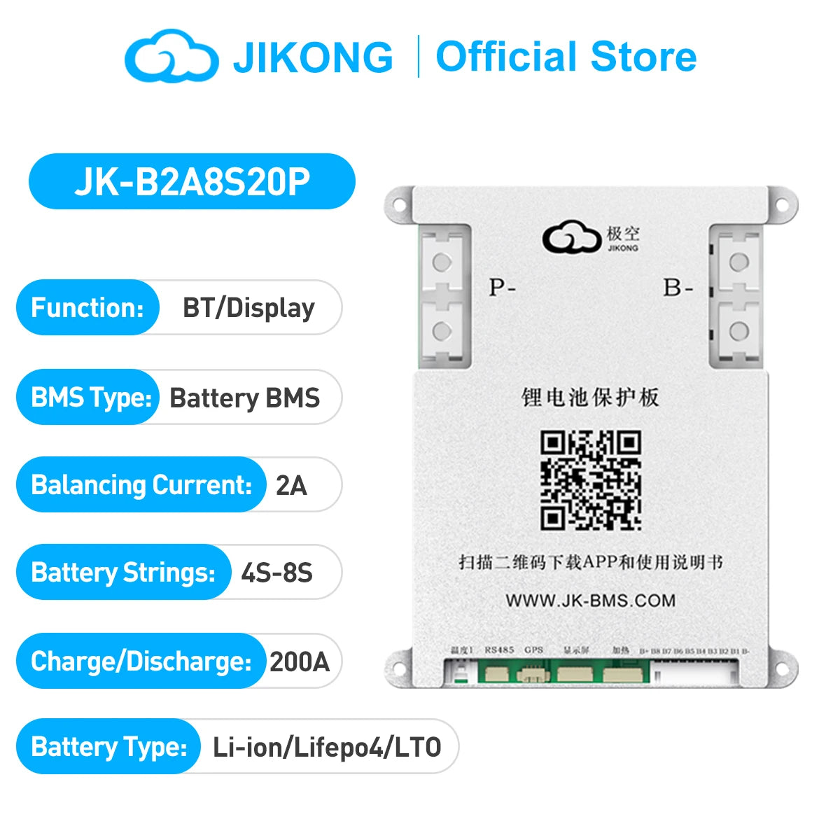 JK-B2A8S20P Smart Active Balance BMS 4S-8S, 2A Balance Current, 200A Discharge