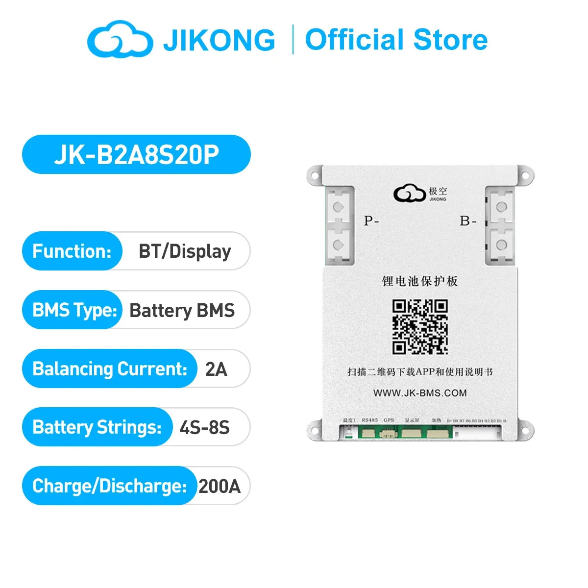 JK-B2A8S20P Smart Active Balance BMS, 2A Balancing Current, 4S-8S Lifepo4 LTO Li-ion Battery Protection Board with Bluetooth
