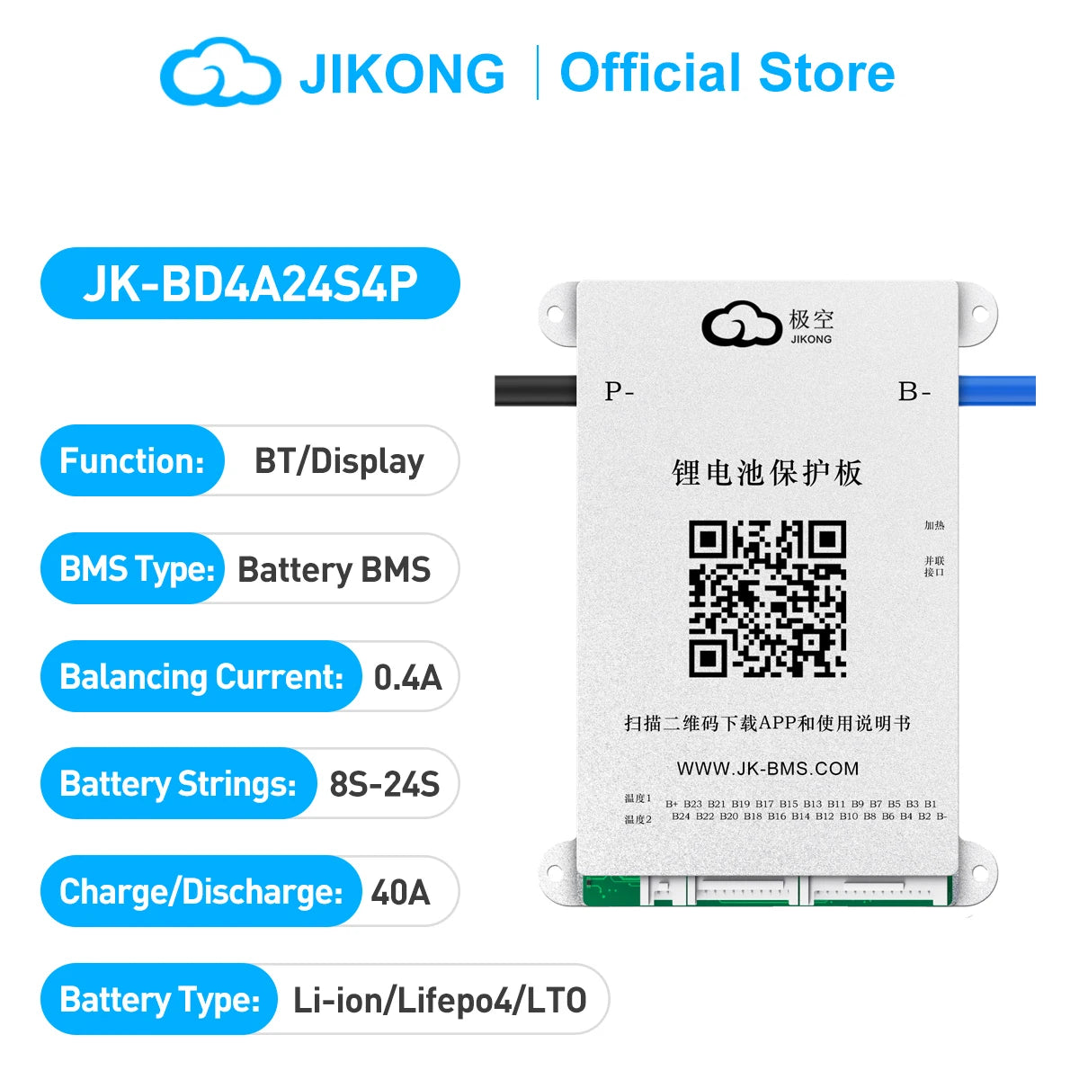 JK-BD4A24S4P Smart BMS for 8S-24S Battery Pack, 4A Active Balancer with Bluetooth