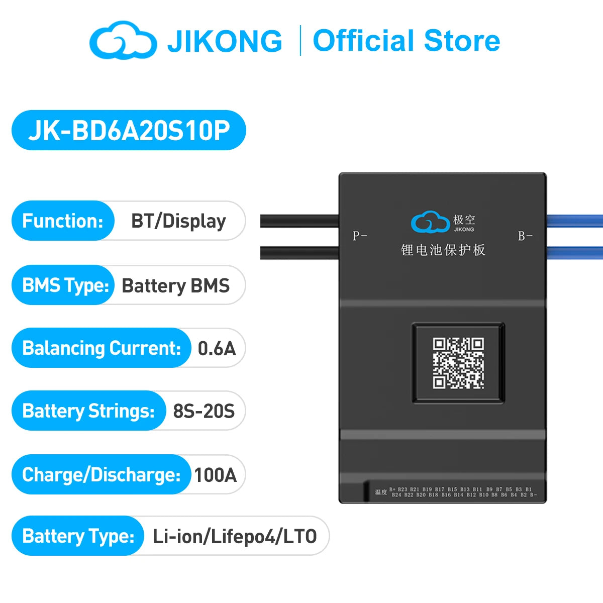 JK-BD6A20S10P Smart BMS 8S-20S, 6A Active Balance, 100A Discharge for Solar Storage