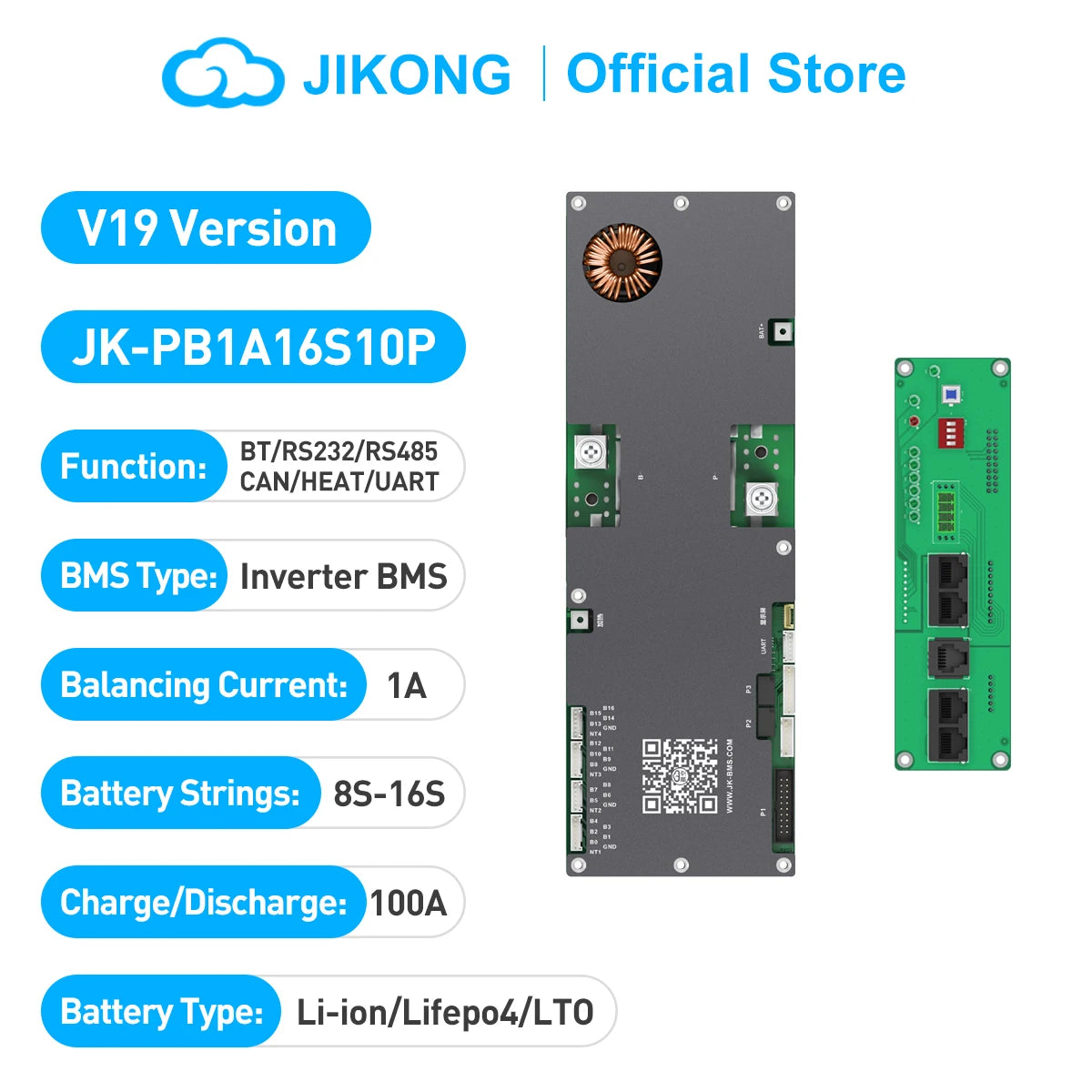 JK-PB1A16S10P V19 Inverter BMS 8S-16S 48V, 1A Active Balance, 100A Discharge for Home Energy Storage Systems