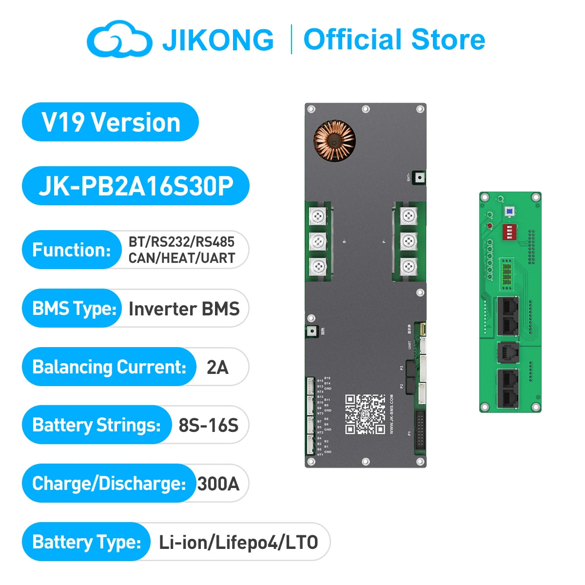 JK-PB2A16S30P V19 Inverter BMS 16S 48V, 2A Active Balancer, 300A High Power BMS for Large Solar Systems