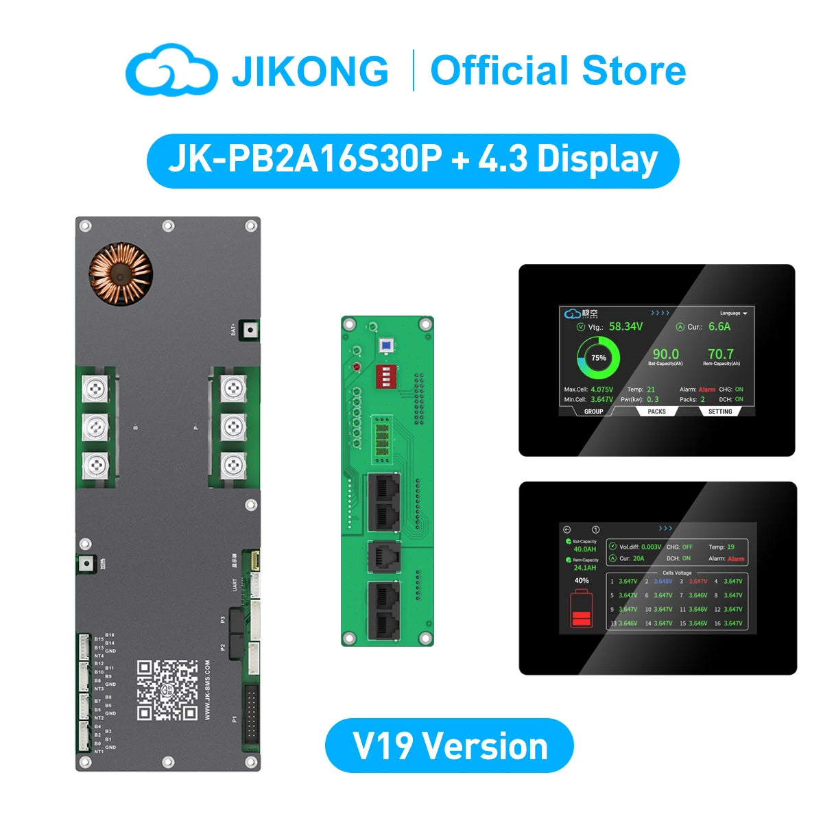 JK-PB2A16S30PV19 Smart BMS 16S 48V, 2A Active Balancer, 300A Peak Current with 4.3 Inch LCD Display for Solar ESS